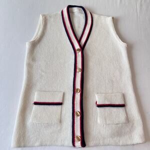 Vintage Red White Blue Women's Button Down Cardigan Sweater Vest Size Medium